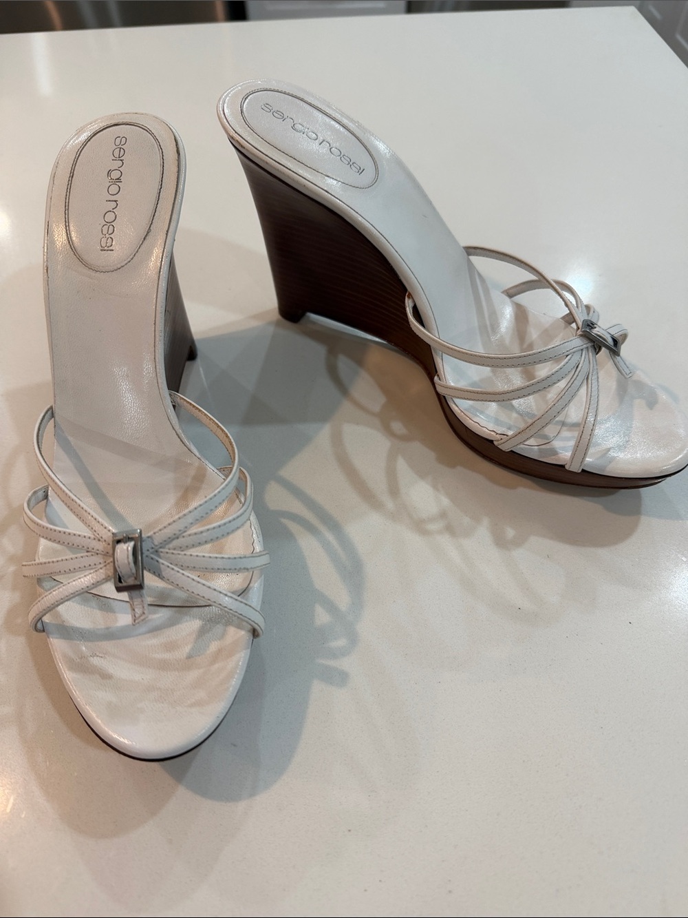 Sergio Rossi White Leather Knot-Strap Wedge Sandals👠 Vintage Y2K